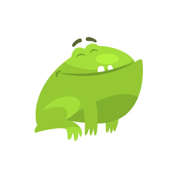 Zufriedene lächelnde grüne Frosch lustige Figur kindische Cartoon-Illustration — Stockvektor