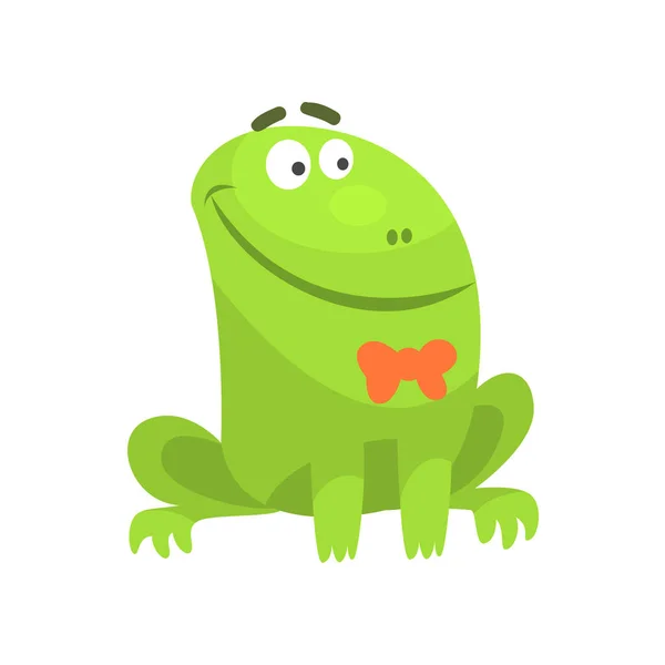 Smiling Green Frog personaje divertido con lazo de lazo infantil ilustración de dibujos animados — Archivo Imágenes Vectoriales