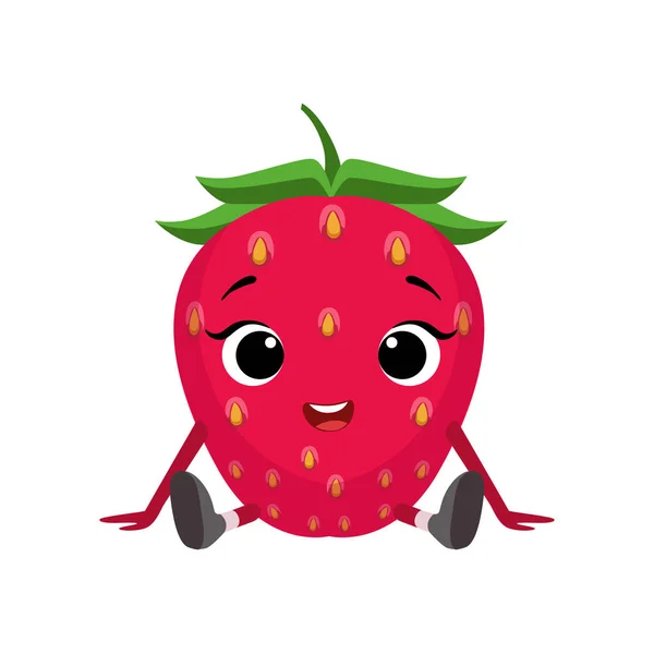 Big Eyed Cute Girly Strawberry carácter sentado, etiqueta engomada emoji con la baya del bebé — Vector de stock