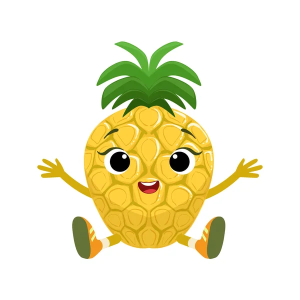 Grote ogen schattige Girly ananas teken zitten, Emoji Sticker met Baby Fruit — Stockvector