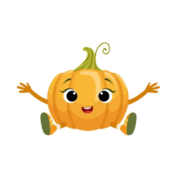 Big Eyed linda chica calabaza carácter sentado, etiqueta engomada emoji con bebé vegetal — Vector de stock