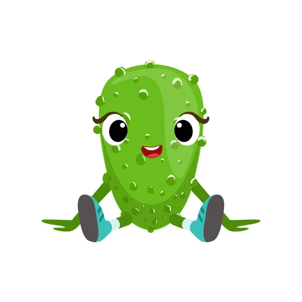 Große Augen niedliche Girly Gurke Charakter sitzend, Emoji-Aufkleber mit Baby-Gemüse — Stockvektor