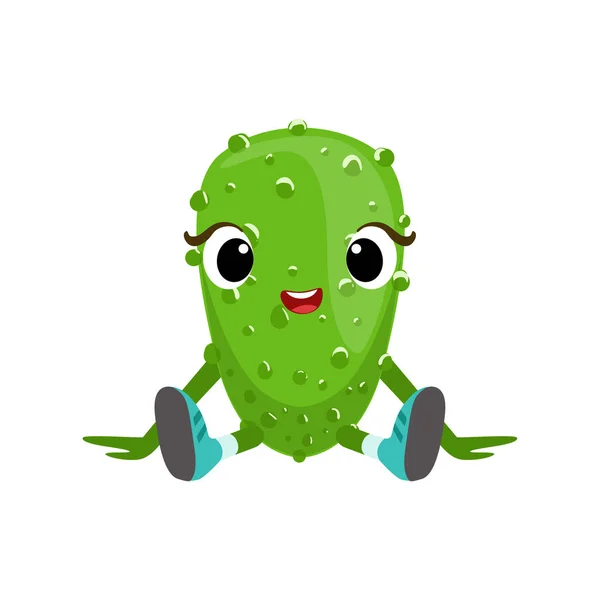 Grande ojos lindo chica pepino carácter sentado, etiqueta engomada emoji con bebé vegetal — Vector de stock