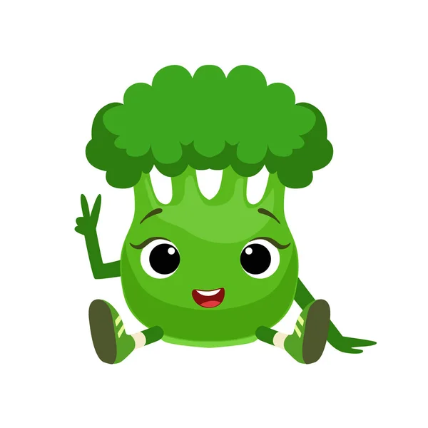 Gros yeux mignon brocoli fille caractère assis, autocollant Emoji avec bébé légume — Image vectorielle