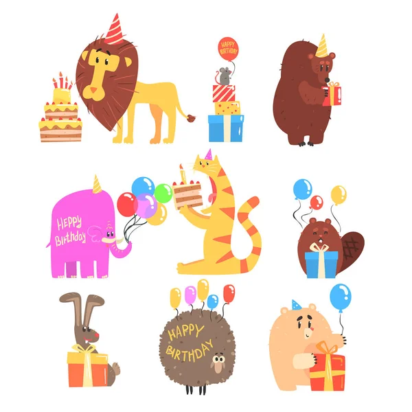 Animais Funky Com Atributos De Festa Na Coleção De Celebrações De Aniversário Feliz Dos Filhos Dos Personagens Dos Desenhos Animados Fauna — Vetor de Stock