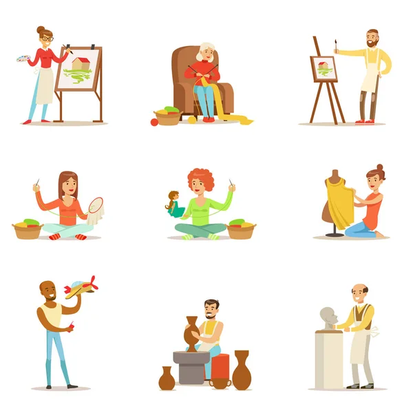 Adulții și hobby-urile lor creative și artistice set de personaje de desene animate care fac lucrurile lor preferate — Vector de stoc