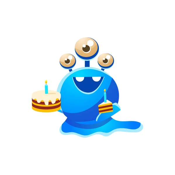 Blue Three-Eyed Toy Monster With Full Birthday Cake And A Slice — Stock Vector