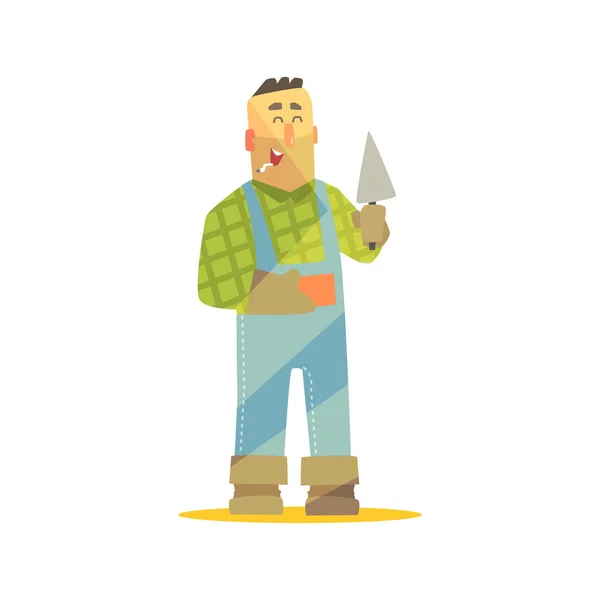 Builder With Brick And Trowel On Construction Site — Stock Vector