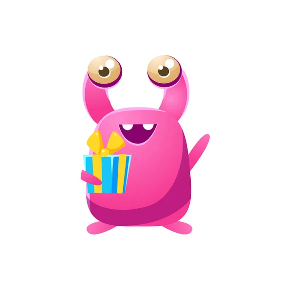 Pink Toy Monster With Birthday Present — Stock Vector
