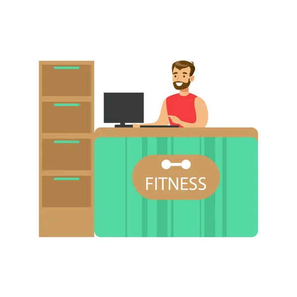 Contador de recepción del club de fitness con la recepcionista masculina y la computadora — Vector de stock