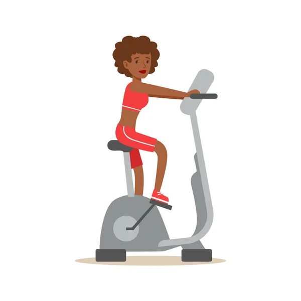 Woman On Bicycle Simulator Equipment , Member Of The Fitness Club Working Out And Exercising In Trendy Sportswear — Stock Vector