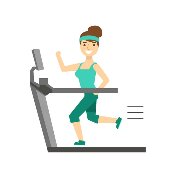 Žena běží na běžeckém pásu, člen klubu Fitness cvičit a cvičení v módní sportovní oblečení — Stockový vektor