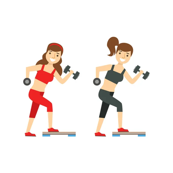Lányok gyakorlása a súlyzó, tagja a Fitness Club dolgozik, és a testmozgás a trendi sportruházat — Stock Vector