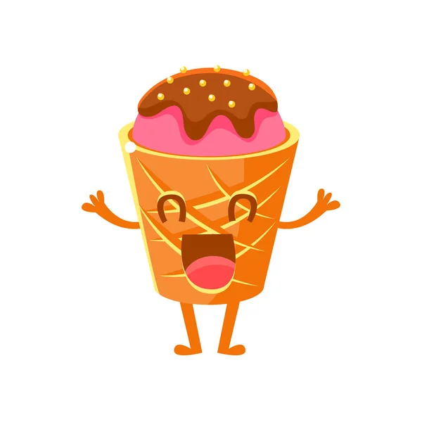 Helado en cono de gofre, dulce postre pastelería infantil personaje de dibujos animados — Vector de stock