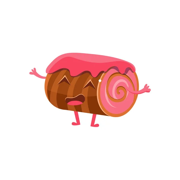 Rollo de galletas de chocolate con mermelada de fresa, dulce postre pastelería infantil personaje de dibujos animados — Vector de stock