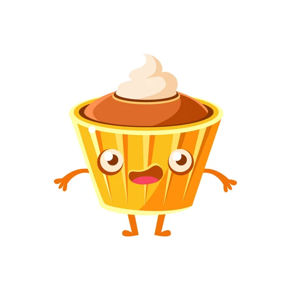 Cupcake con tapa de crema, dulce postre pastelería infantil personaje de dibujos animados — Vector de stock