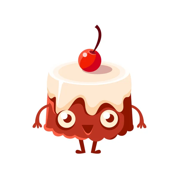 Gâteau au chocolat avec cerise sur le dessus, personnage de bande dessinée enfantin de pâtisserie au dessert sucré — Image vectorielle