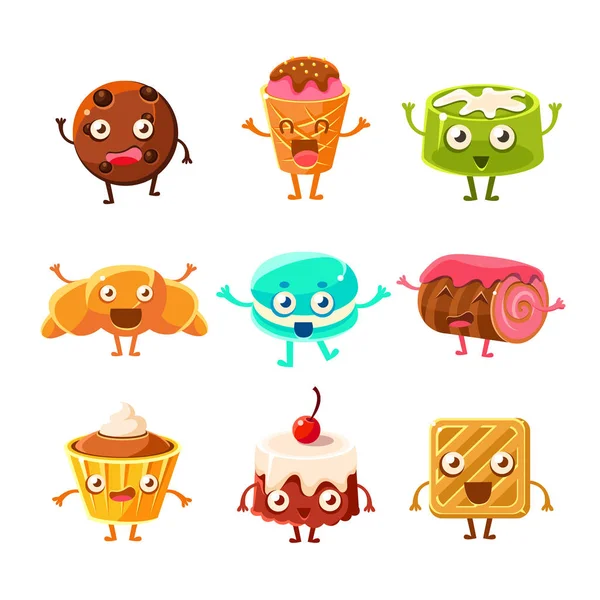 Dolce pasticceria infantile personaggi dei cartoni animati con biscotti, torte, biscotti e gelati — Vettoriale Stock