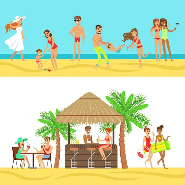 Счастливые люди на тропических пляжных каникулах на Гавайях выпивают в пляжном баре и остаются рядом с морем — стоковый вектор