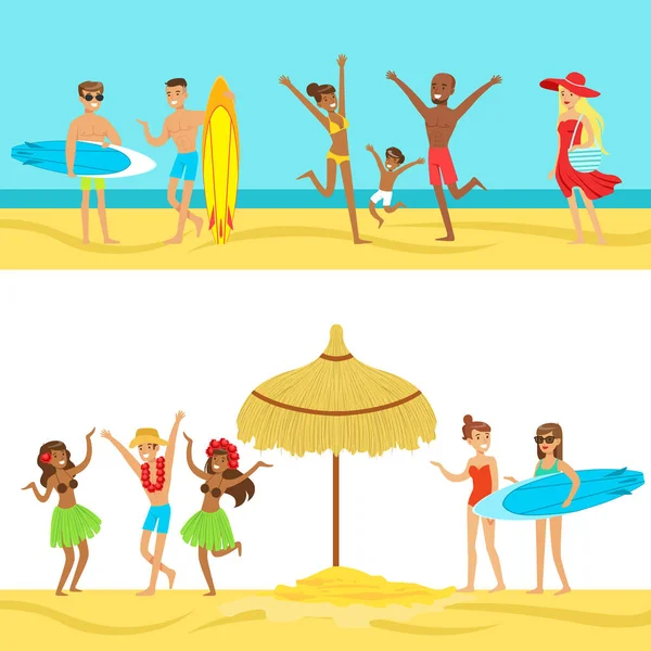 熱帯幸せな人々 ビーチ休暇ハワイでサーフィンと海の横に滞在 — ストックベクタ