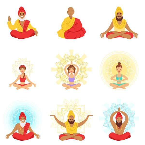 Yogis och vise, människor i lotusställning, expansion av medvetande och meditation — Stock vektor