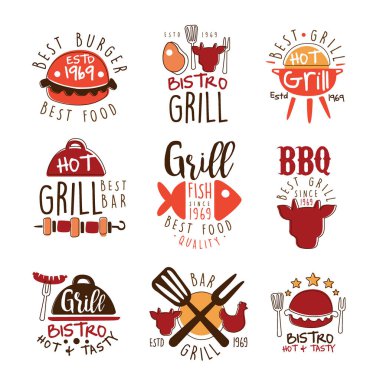 Best Grill Bar Promo Signs Series Of Colorful Vector Design Templates With Food Silhouettes clipart
