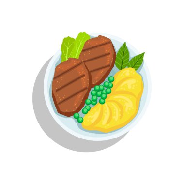 Patates püresi ve bezelye, Oktoberfest ızgara gıda plaka illüstrasyon sığır eti biftek