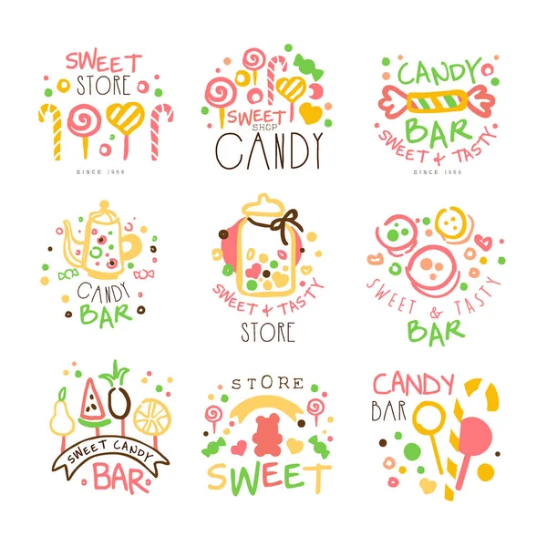 Candy Shop Promo znaków ustawić kolorowe wektor wzorców projektowych, słodycze i ciasta sylwetki — Wektor stockowy