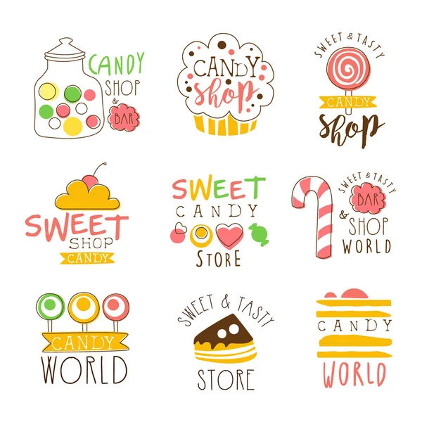 Candy Shop Promo jelek sorozata színes Vector Design sablonok, édesség és sütemény sziluettek — Stock Vector