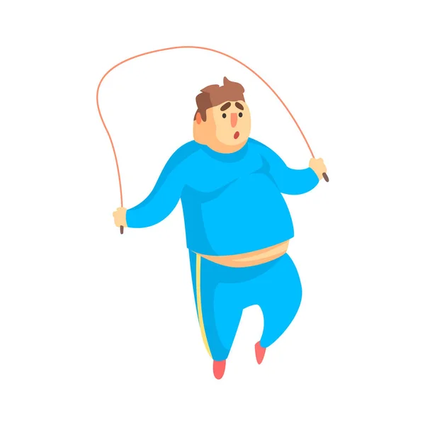 Charakter zabawny człowiek grube robi skoki na pomijanie ilustracja liny na siłowni — Wektor stockowy