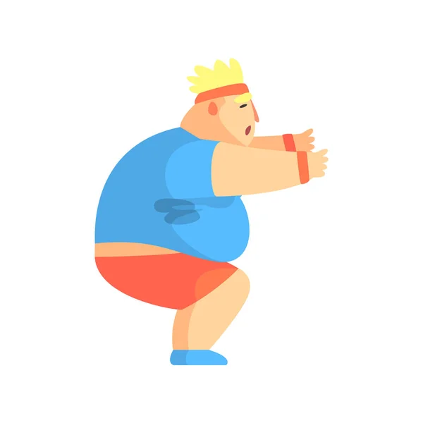 有趣的胖男人性格做坐在 Ups 在健身房锻炼出汗的插图 — 图库矢量图片