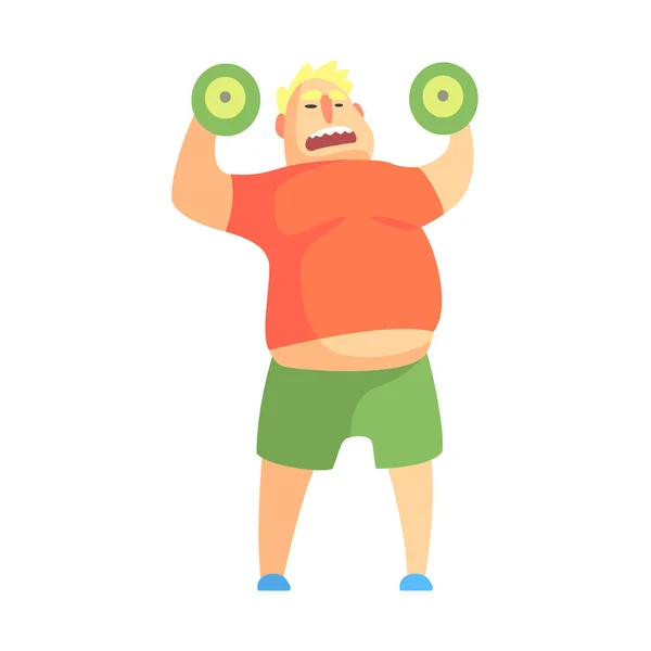 Funny Chubby Man personaje haciendo gimnasia entrenamiento levantamiento de pesas ilustración — Vector de stock