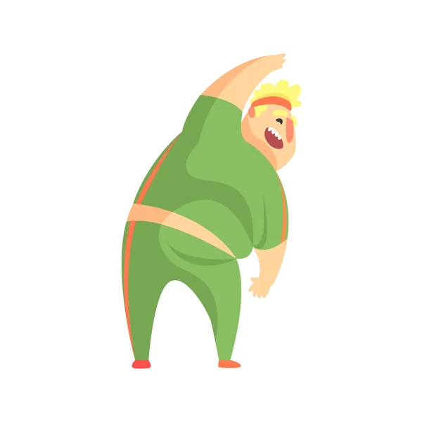 Funny Chubby Man personaje haciendo gimnasia entrenamiento estiramiento y sonriendo ilustración — Vector de stock