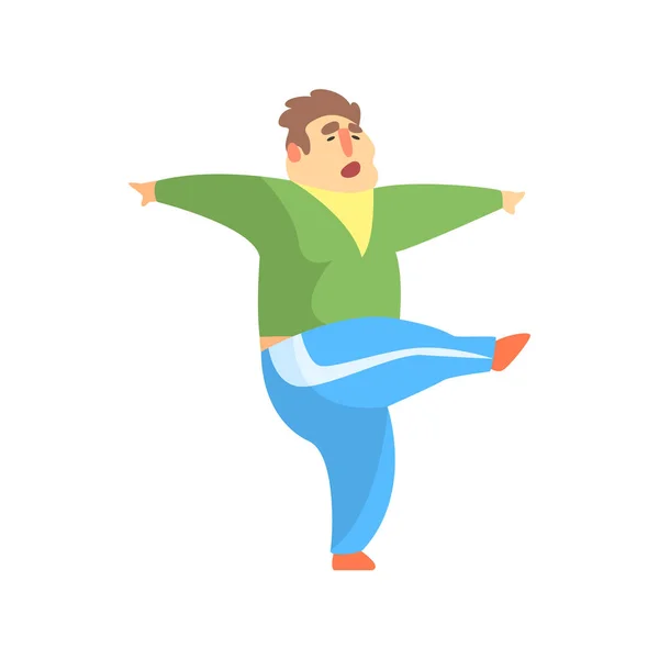 Divertido gordito hombre carácter haciendo gimnasio entrenamiento kcking con pierna ilustración — Vector de stock