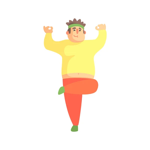 Funny Chubby Man Caracter Haciendo Gimnasio Entrenamiento En Balance Yoga Postura Ilustración — Vector de stock