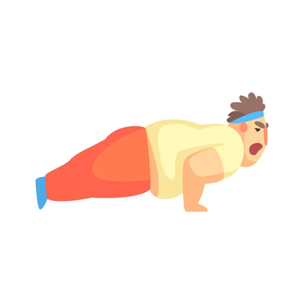 Funny Chubby Man personaje haciendo push ups en gimnasio entrenamiento ilustración — Vector de stock