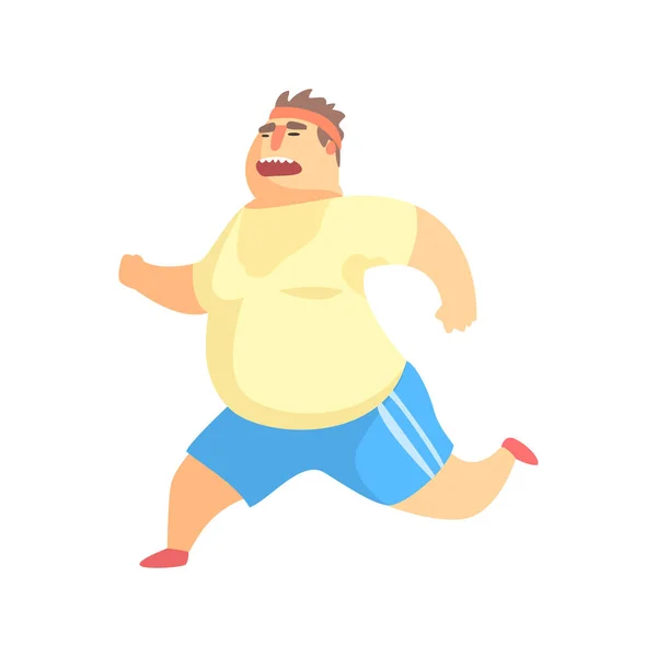 Homme joufflu drôle personnage faisant de l'entraînement de gymnase courir et transpirer Illustration — Image vectorielle