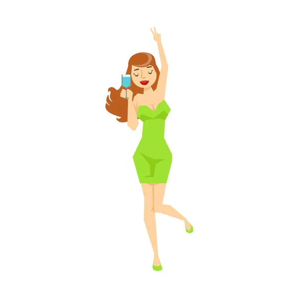Menina sexy com copo de vinho no vestido verde apertado dançando, parte de pessoas bêbadas engraçadas se divertindo na série de festa — Vetor de Stock