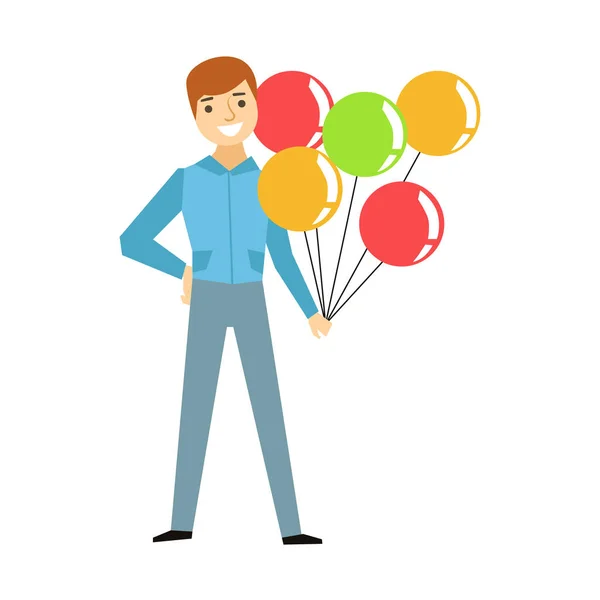 Guy Holding Bunch Of Colorful Balloons, Part Of Funny Drunk People Having Fun At The Party Series — Stock Vector