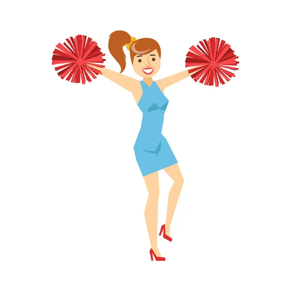 女孩在蓝色短裙跳舞与啦啦队彩球，搞笑醉酒的人在派对系列开心的一部分 — 图库矢量图片