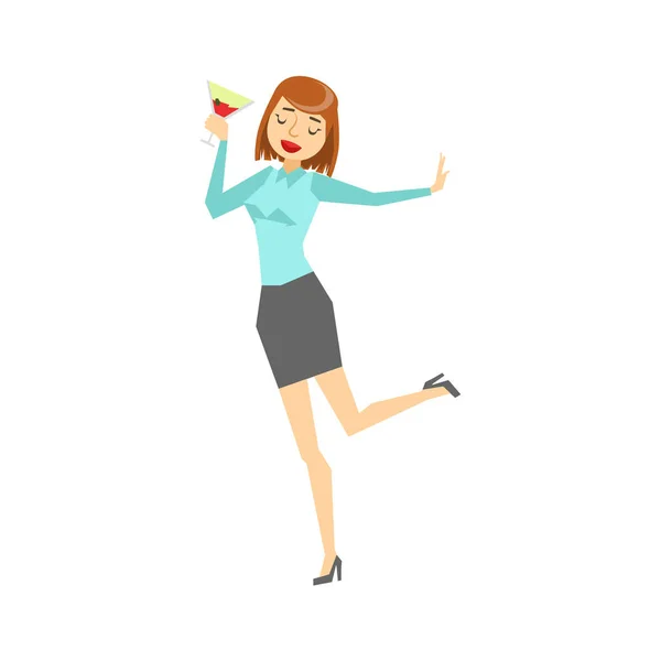 Жінка в офісі одягу і танці, частиною смішно п'яний люди веселяться в партії серію Бокал для вина — стоковий вектор