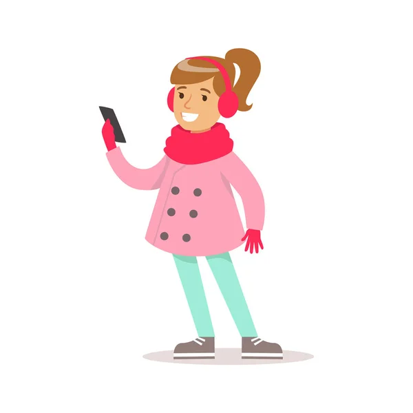 Fille heureuse avec queue de cheval dans les vêtements classiques de couleur girly sourire personnage de bande dessinée regardant Smartphone — Image vectorielle