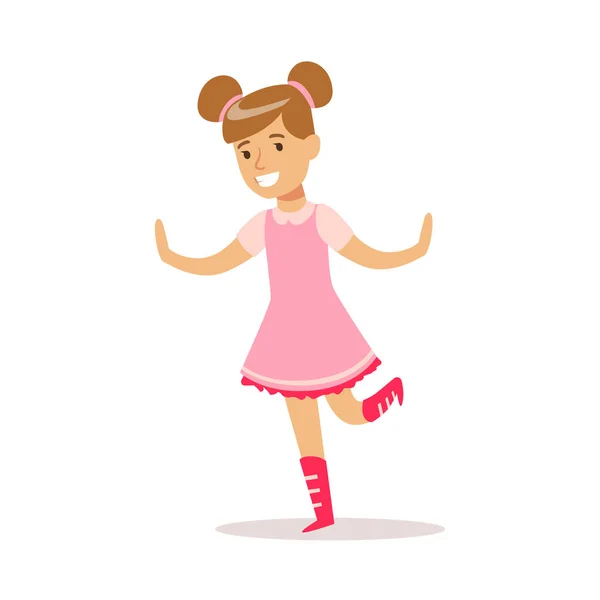 Menina feliz em roupas de cor feminina clássico sorrindo personagem dos desenhos animados dançando —  Vetores de Stock