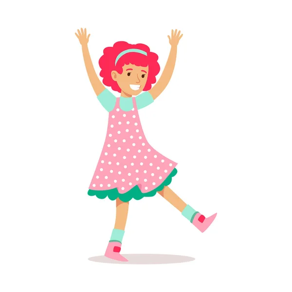 Chica pelirroja feliz en el clásico vestido de lunares de color femenino sonriente personaje de dibujos animados — Vector de stock