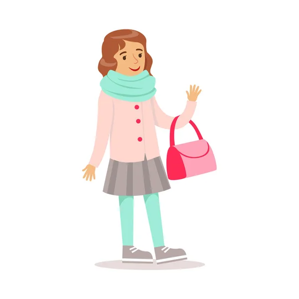 Счастливая девушка в классической одежде девчачьего цвета с кошельком и шарфом улыбающийся персонаж мультфильма — стоковый вектор