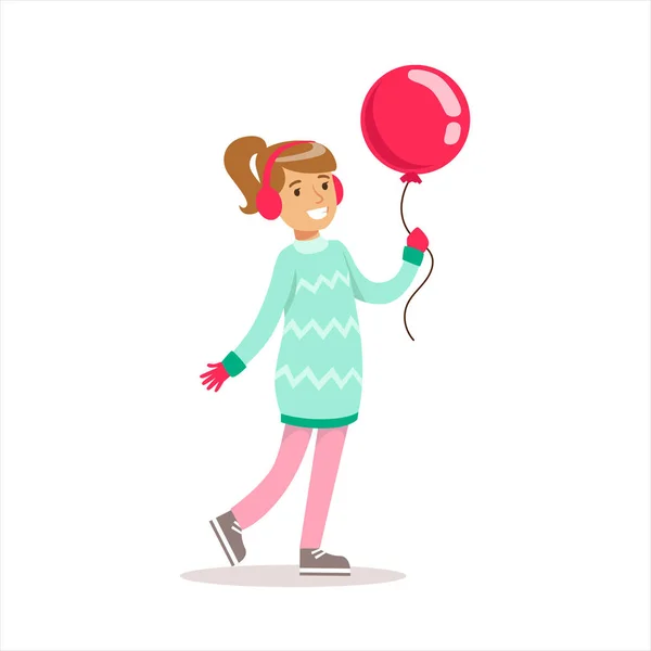 Gelukkig meisje In klassieke Girly kleur kleding lachende stripfiguur wandelen met ballon — Stockvector