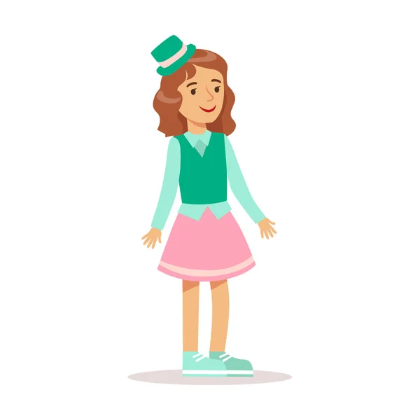 Chica feliz en ropa de color clásico femenino con sombrero verde sonriente personaje de dibujos animados — Vector de stock