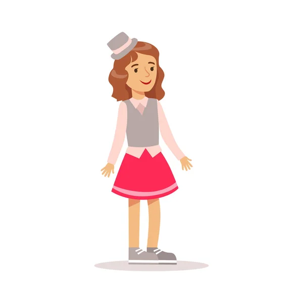 Glückliches Mädchen in klassischer Girly-Farbe Kleidung und grauem Zylinder stehend lächelnde Cartoonfigur — Stockvektor