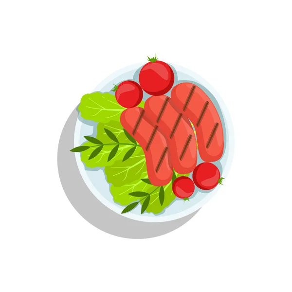 Embutidos con tomate y ensalada, Oktoberfest Grill Placa de comida Ilustración — Vector de stock