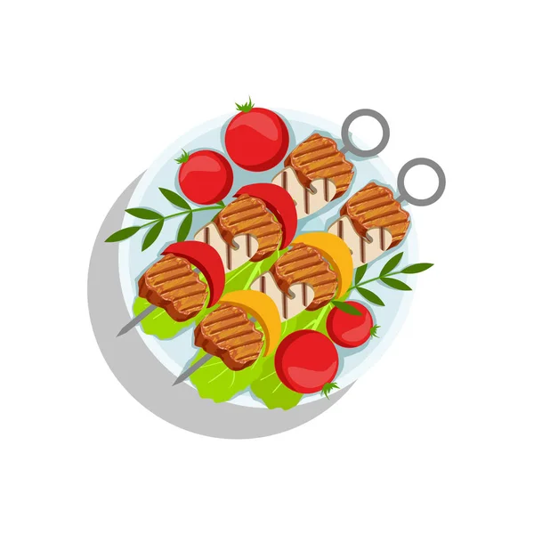 Espetos de porco com cogumelos e pimenta, Oktoberfest Grill Food Plate Ilustração — Vetor de Stock